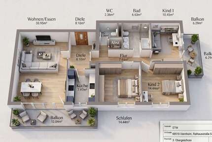 Wohnung Viernheim - 4 Zimmer, 117 m&sup2;, 339.000&euro; | Angebot:26901297