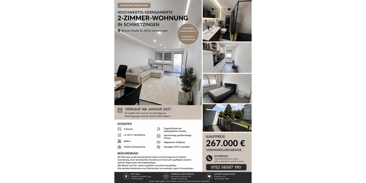 Etagenwohnung Schwetzingen - 2 Zimmer, 50 m&sup2;, 267.000&euro; | Angebot:27118148