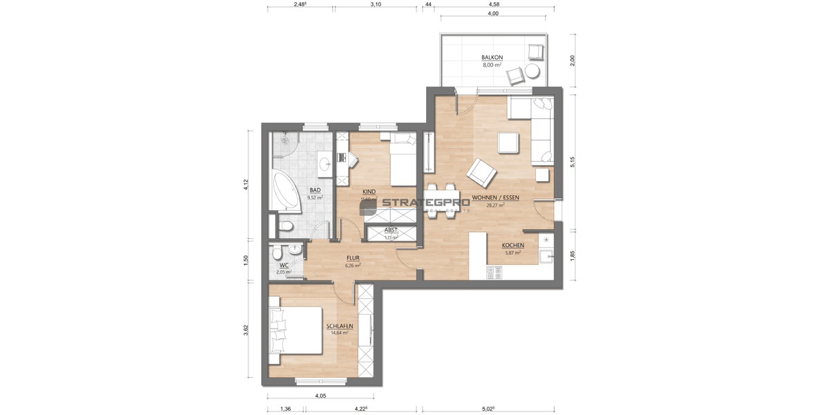 Etagenwohnung Mannheim Quadrate - 3 Zimmer, 81 m&sup2;, 385.000&euro; | Angebot:26887739