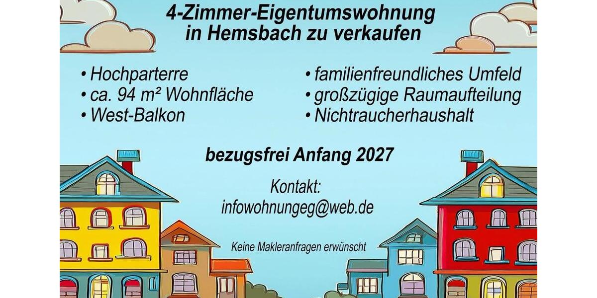 Hochparterre Hemsbach - 4 Zimmer, 94 m&sup2;, 320.000&euro; | Angebot:27155078