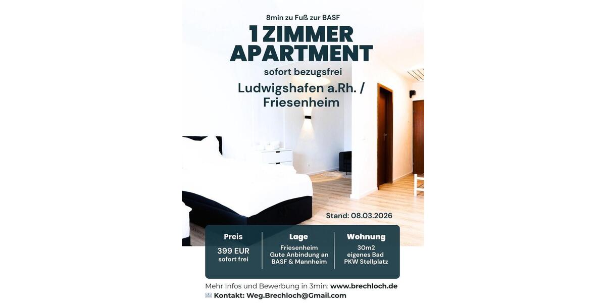Etagenwohnung Ludwigshafen am Rhein Ludwigshafen-Hemshof - 1 Zimmer, 30 m&sup2;, 499&euro; | Angebot:25543099