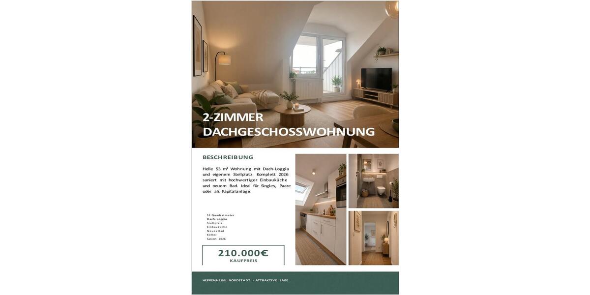 Dachgeschoßwohnung Heppenheim (Bergstraße) - 1 Zimmer, 53 m&sup2;, 210.000&euro; | Angebot:27101711