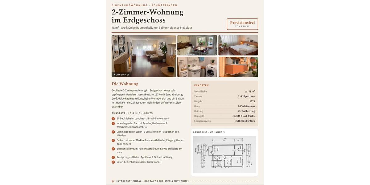 Erdgeschoßwohnung Schwetzingen - 2 Zimmer, 78 m&sup2;, 259.000&euro; | Angebot:26992361